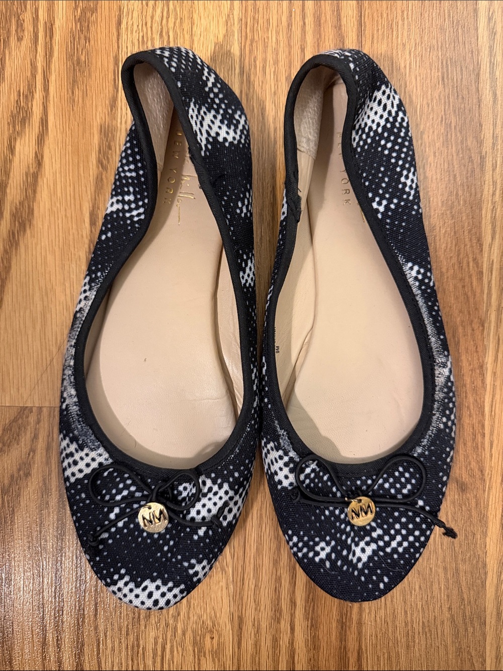 Nicole Miller Black & White Snake-Print Pointed Ballet Flats